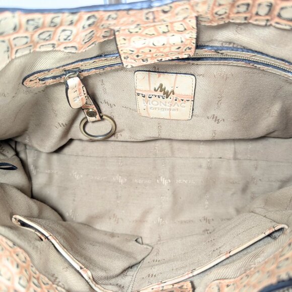 Monsac Croc Embossed Italian Leather Cream Crescent Shoulder Bag w/Pouch - Picture 9 of 12